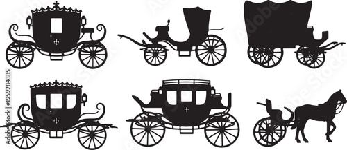 Black Solid Antique Carriages Silhouettes Set of Six on White Background