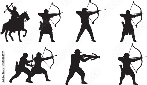 Black Solid Archery Combat Silhouettes Set of Six on White Background
