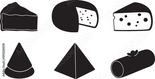 Black Solid Artisan Cheese Silhouettes Set of Six on White Background