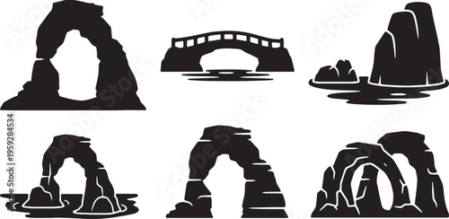 Black Solid Natural Arch Rock Formation Silhouettes Set of Six
