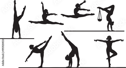 Black Solid Artistic Balance Beam Silhouettes Set of Six on White Background