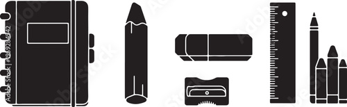 Black Solid Art Drawing Supplies Silhouettes Set of Six on White Background