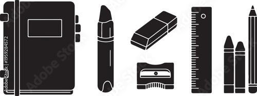 Black Solid Art Drawing Supplies Silhouettes Set of Six on White Background