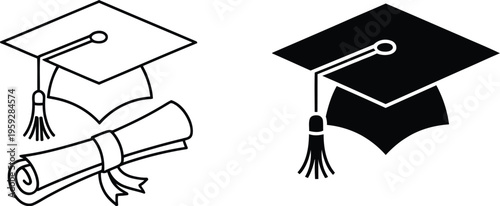 Graduation hat with diploma icon set, minimalist black and white vector of student cap and academic certificate for graduation event celebration and academic milestone design.
