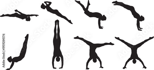 Black Solid Artistic Diving Silhouettes Set of Six on White Background
