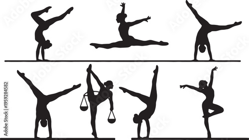 Black Solid Artistic Balance Beam Silhouettes Set of Six on White Background