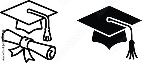Graduation hat with diploma icon set, student academic hat with diploma vector illustration representing college school and university graduation ceremony concept and educational achievement.
