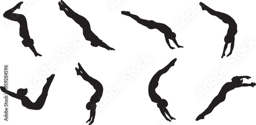 Black Solid Artistic Diving Silhouettes Set of Six on White Background