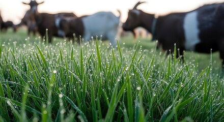 Farm goats grazing on lush green grass covered in morning dew, nature photos