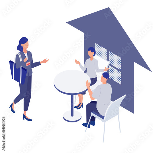 利用者の自宅を訪問し生活設計の相談に乗るケアマネジャーのアイソメトリックイラスト