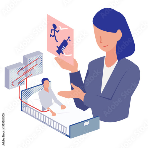 入院中の治療方針やリハビリ計画を提案する女性スタッフのアイソメトリックイラスト