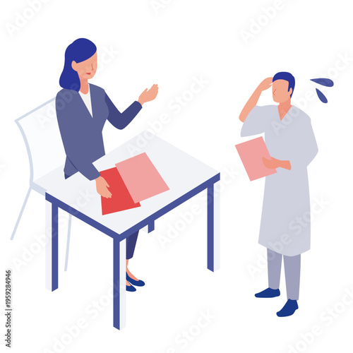 今後の生活について相談し不安を解消する患者とソーシャルワーカーのアイソメトリックイラスト