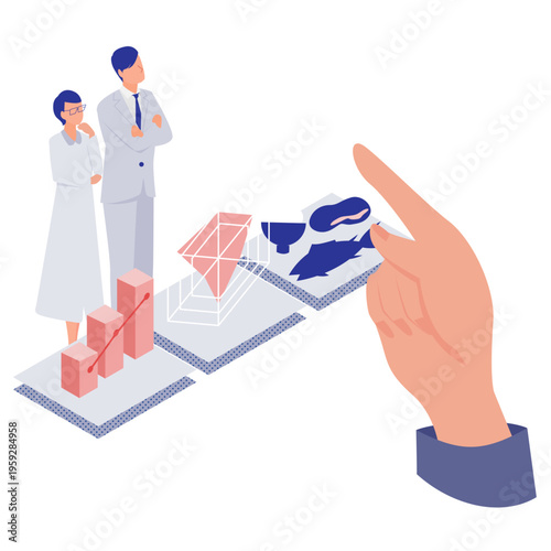 医療統計グラフや食事の栄養素データを分析・検討する専門職のアイソメトリックイラスト
