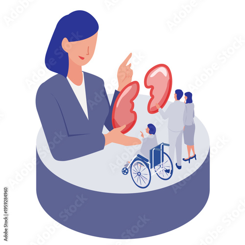腎臓の模型やアイコンを用いて疾患や健康管理を解説する専門職のアイソメトリックイラスト