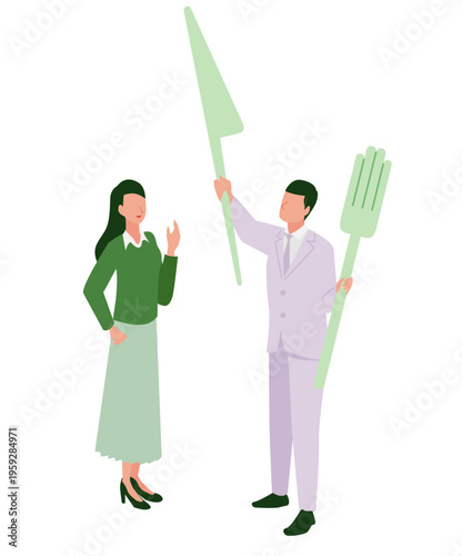 巨大なナイフとフォークを掲げて食育や調理の重要性を伝える男女のアイソメトリックイラスト