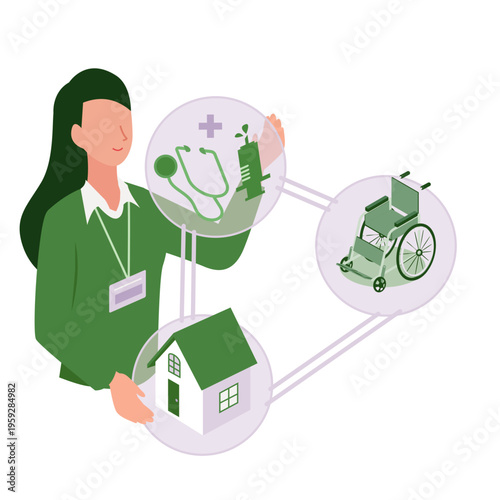 医療・介護・住まいを繋ぎ地域包括ケアを支援する専門職のアイソメトリックイラスト