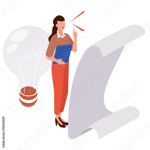 巨大な電球とスクロールされた用紙を前に新たなアイデアを提案する女性のアイソメトリックイラスト