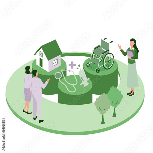 医療・介護・住まいが一体となった地域包括ケアシステムを市民に説明する専門職のアイソメトリックイラスト