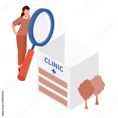 巨大な虫眼鏡を使って地域のクリニックや診療所の情報を精査する女性のアイソメトリックイラスト