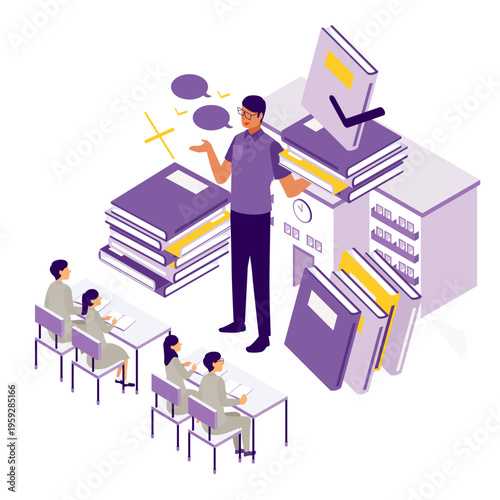 大学や研究機関を背景に、学生へ向けて専門的な知識を伝授する男性講師のアイソメトリックイラスト