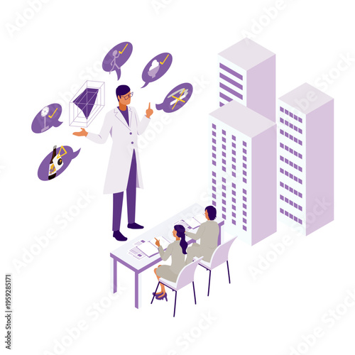 都市部のビルを背景に、データに基づいた生活習慣（運動・食事・禁煙等）の指導を行う専門家のアイソメトリックイラスト