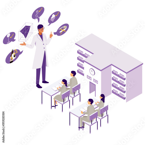 学校や公共施設を背景に学生や住民へ向けて生活習慣の改善と予防医学を説く専門家のアイソメトリックイラスト