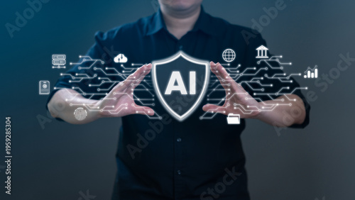 Businessman hand protecting AI shield icon with circuit board line. Concept of artificial intelligence safety, data security, privacy protection, and ethical tech governance in digital business.