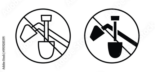 No digging signs. black and white line icons pack.