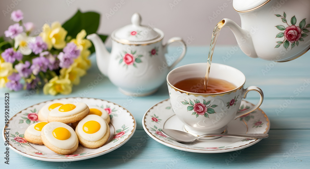 Fototapeta premium A delightful tea time with floral-patterned teaware and biscuits on a table, accompanied by spring flowers