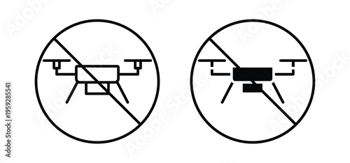 No fly drones signs. black and white line icons pack.
