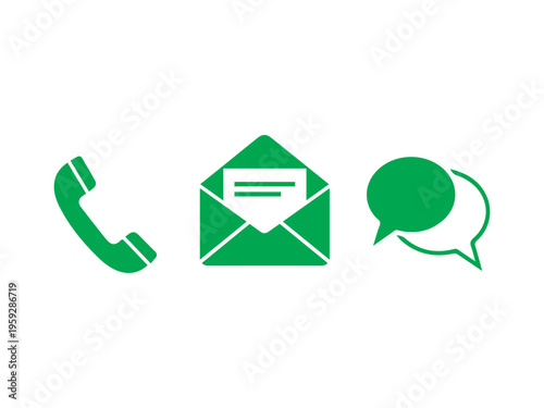 A set of three communication icons depicted in vibrant green includes a handset, an open envelope, and overlapping speech bubbles.