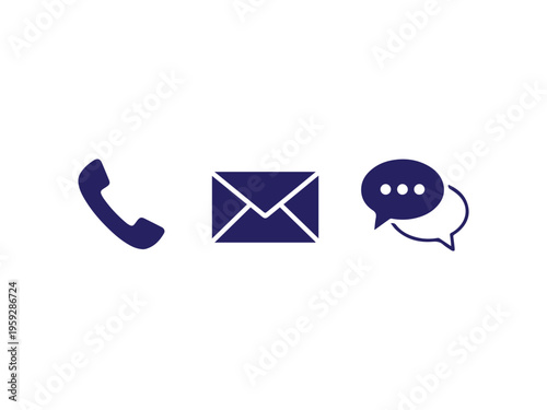 Dark blue stylized icons for telephone contact, electronic mail, and conversation bubbles are displayed centered on a plain.