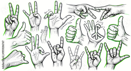 Diverse Hand Gestures Collection: Peace, Rock On, Thumbs Up, Counting, Scissors