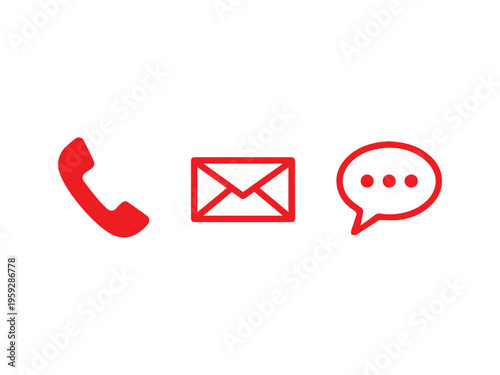 Basic line art icons in bright red display a telephone receiver, a sealed envelope, and a dialogue bubble with ellipses clearly.