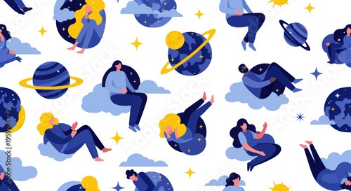 Dreamy celestial pattern with women floating among planets and stars
