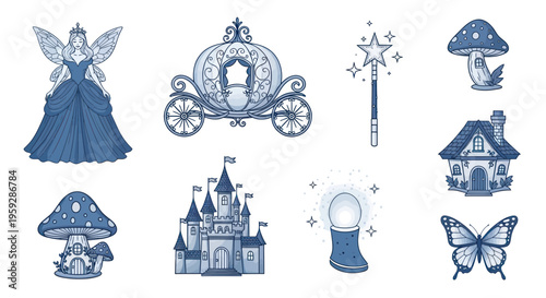 Fairy Tale Fantasy Elements: Fairy, Castle, Carriage, Magic Wand, Mushroom House, Butterfly