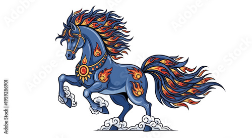 Mythical Fiery Blue Horse Rearing Up