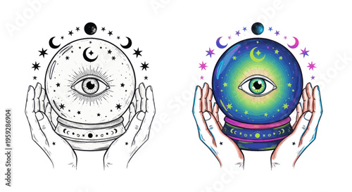 Mystical crystal ball with all-seeing eye, held by hands, surrounded by celestial symbols
