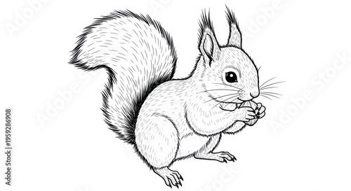 Pencil Sketch of a Squirrel Holding a Nut, White Background