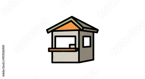 Simple cartoon kiosk or small booth with counter and window, isolated on white background.