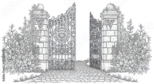 Ornate Open Gate Entrance to Lush Garden Path, Black and White Sketch