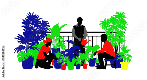 People gardening on balcony with colorful plants, illustration