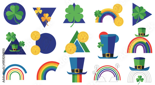 Saint Patrick's Day Symbols Collection: Shamrocks, Rainbows, Hats, and Gold Coins