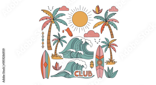 Retro Summer Vibes: Palm Trees, Waves, Surfboards, Sun, Clouds - Vector Art