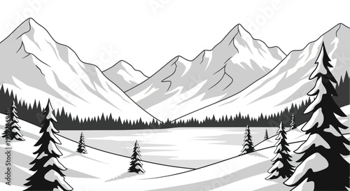 Snowy Mountain Landscape with Frozen Lake and Pine Trees