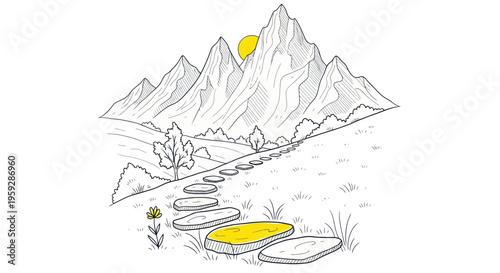 Stepping Stones Path Leading to Majestic Mountains and Sunrise