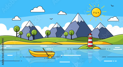 Sunny Day Landscape: Boat, Lighthouse, Mountains, and Lake in Flat Design