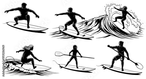 Surfing and Paddleboarding Silhouettes - Active Water Sports Collection