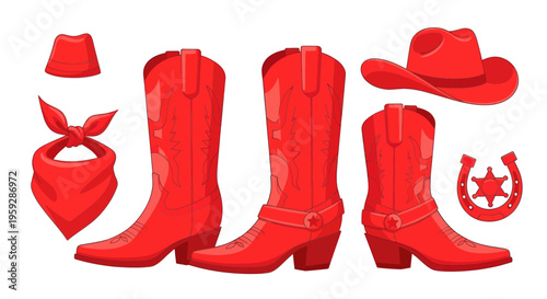 Vibrant Red Cowboy Boots, Hat, Bandana, and Horseshoe Collection