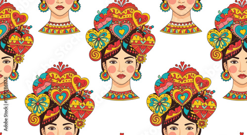 Vibrant Mexican Woman Portrait with Colorful Heart Headdress, Festive Pattern